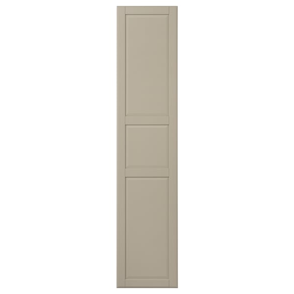 TYSSEDAL harmaa-beige kaapin ovi, jossa on klassinen paneelimuotoilu, pyöristetyt reunat ja kestävä maalattu pinta.