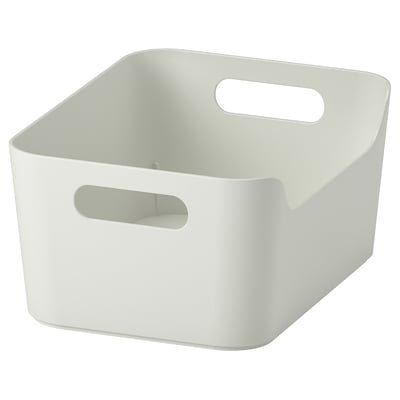 Valkoinen UPPDATERA-säilytyslaatikko, jossa on kaksi kahvaa. Sen neliön muotoinen pyöristetyillä kulmilla on hyödyllinen tavaroiden järjestämiseen ja kuljettamiseen.