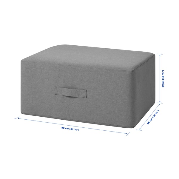 VITHÄLL harmaa ottomaani, mitat: 31 1/2 x 26 3/4 x 15 3/4. Pehmeä vaahtomuovi, säädettävä, kahva mukana.