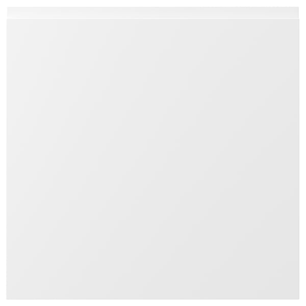 VOXTORP, valkoinen moderni keittiön ovi, mattapinta, muovireunat, neliön muotoinen, minimalistinen muotoilu.