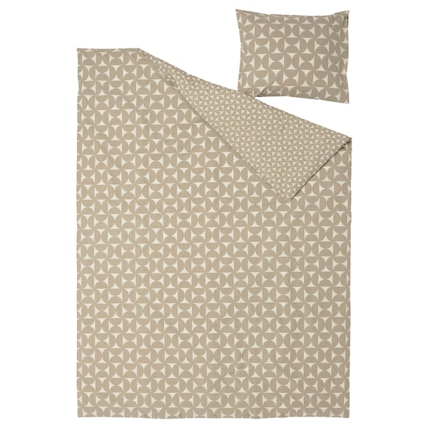Gråbeige påslakan och kuddset, bomull-viskos, geometriskt mönster.