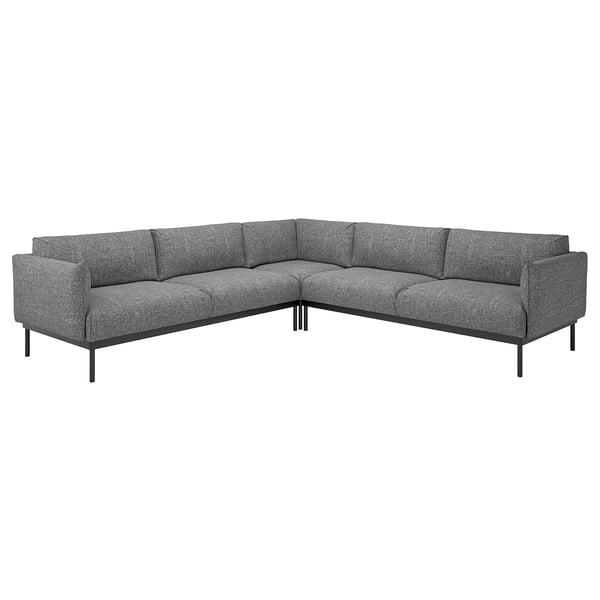 Grå ÄPPLARYD sektionssoffa, modern design med eleganta metallben, plyschkuddar.