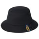 Svart bucket hat med blå ikea tag. Mjukt bomullsmaterial, brett brätte, enkel design.