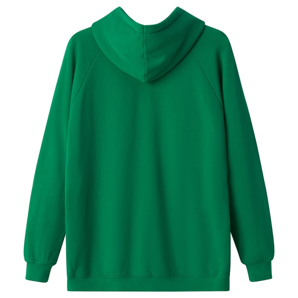 Ljusgrön hoodie, mjuk bomull, huva med dragsko, långa ärmar, avslappnad passform.