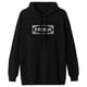 Svart IKEA hoodie, mjuk bomull, ledig passform, huva med dragsko, framficka, grå IKEA-logga.