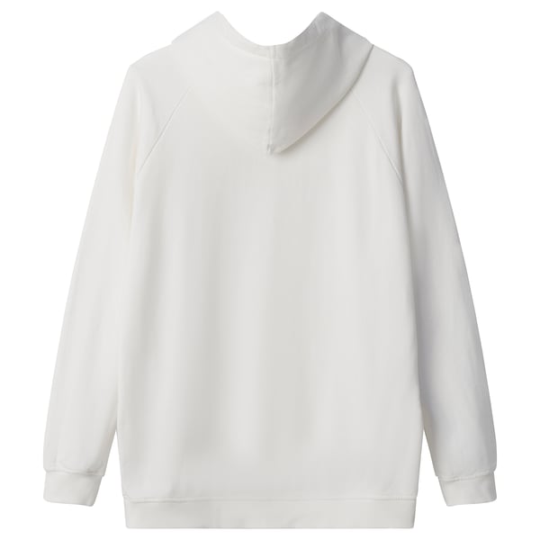 Vit hoodie, casual passform, mjuk bomull, huva fram, inga loggor.