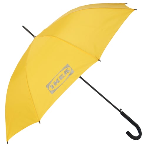 Ljusgult ikea-paraply, robust, automatiskt öppet, svart handtag, rund form, enfärgad färg.