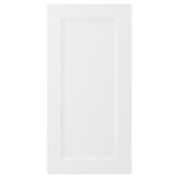 En vit köksskåpsdörr med klassisk design. Den har en slät, rektangulär form med en central infälld panel.
