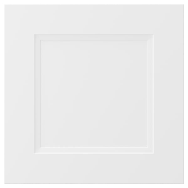 En vit, fyrkantig kökslucka med matt yta och infälld paneldesign, en del av serien AXSTAD.