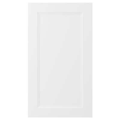 En vit, rektangulär AXSTAD köksskåpslucka med en modern, infälld paneldesign. Den är gjord av fiberplatta med en slät yta som är lätt att rengöra.