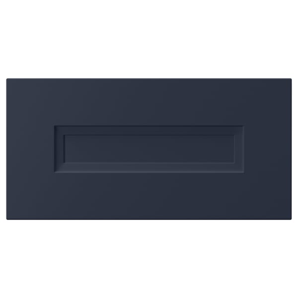 Mörkblå rektangulär köksskåpsdörr med infälld panel, slät yta.