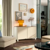 BESTÅ Förvaring med dörrar, vit/Krukmakare beige, 120x42x75 cm