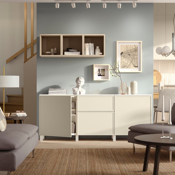 BESTÅ Förvaring med lådor, vit/Krukmakare beige, 180x42x75 cm