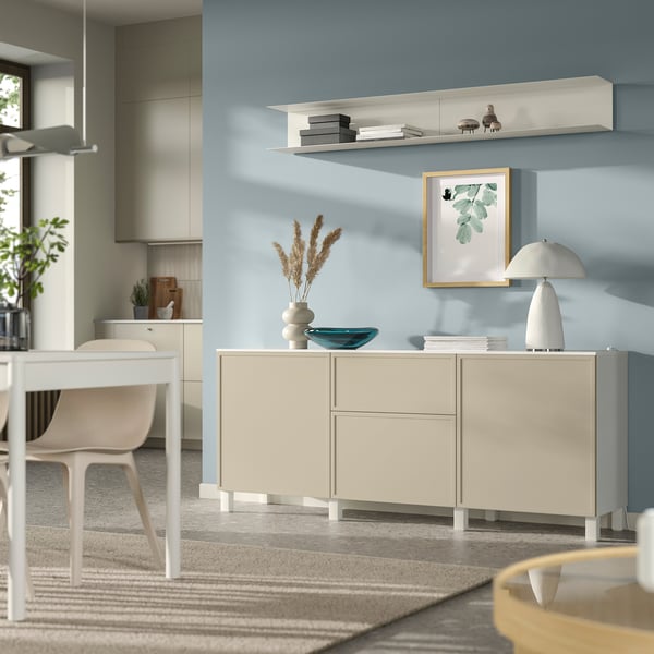 BESTÅ Förvaring med lådor, vit/Krukmakare beige, 180x42x75 cm