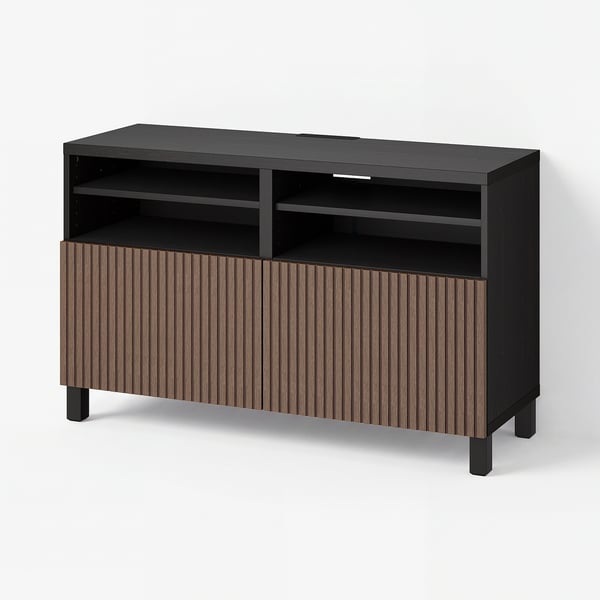 BESTÅ Tv-bänk med dörrar, svartbrun Björköviken/Stubbarp/brun betsad ekfaner, 120x42x74 cm