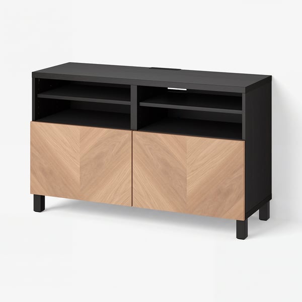 BESTÅ Tv-bänk med dörrar, svartbrun/Hedeviken/Stubbarp ekfaner, 120x42x74 cm
