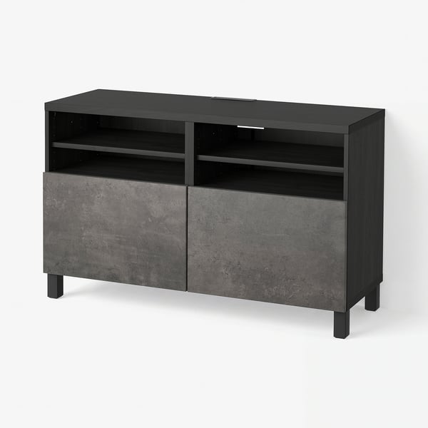 BESTÅ Tv-bänk med dörrar, svartbrun Kallviken/Stubbarp/mörkgrå betongmönstrad, 120x42x74 cm
