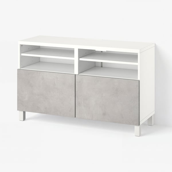 BESTÅ Tv-bänk med dörrar, vit/Kallviken/Stubbarp ljusgrå, 120x42x74 cm