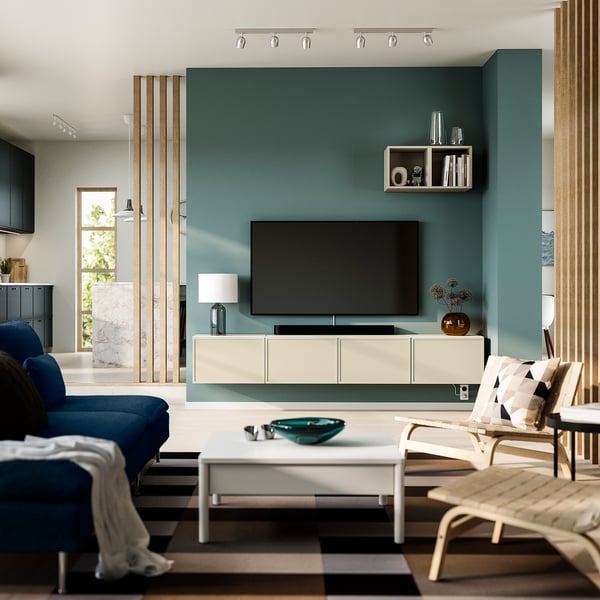 BESTÅ Tv-bänk med dörrar, vit/Krukmakare beige, 240x42x38 cm