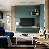 BESTÅ Tv-bänk med dörrar, vit/Krukmakare mörk grågrön, 240x42x38 cm