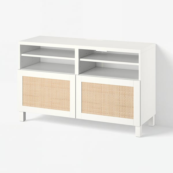 BESTÅ Tv-bänk med dörrar, vit/Studsviken/Stubbarp vit, 120x42x74 cm