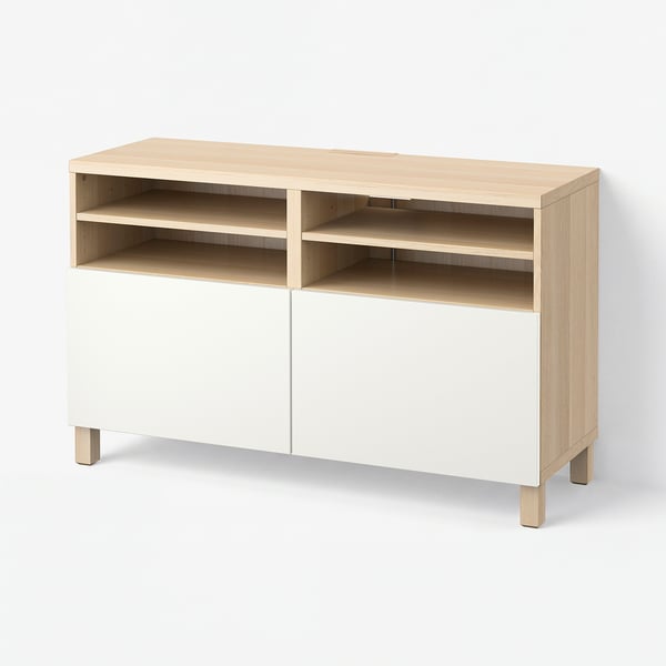BESTÅ Tv-bänk med dörrar, vitlaserad ekmönstrad/Lappviken/Stubbarp vit, 120x42x74 cm
