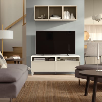 BESTÅ Tv-bänk med lådor, vit/Krukmakare beige, 120x42x48 cm