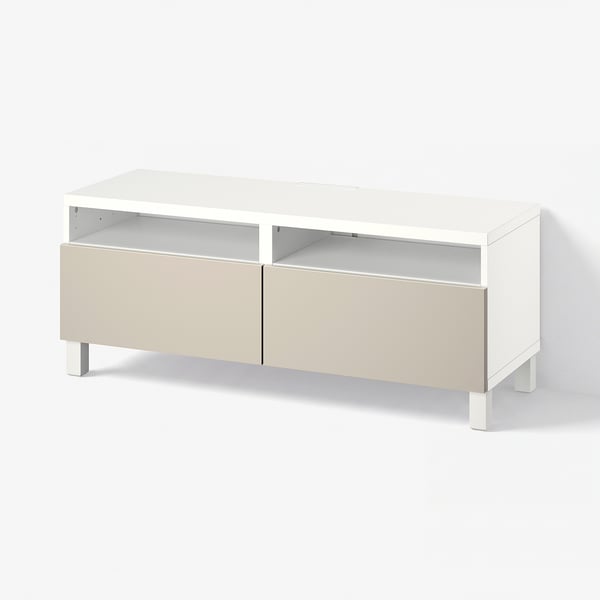 BESTÅ Tv-bänk med lådor, vit/Lappviken/Stubbarp ljusgrå/beige, 120x42x48 cm