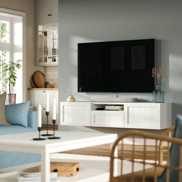 BESTÅ Tv-bänk, vit/Pipmakare vit, 180x42x39 cm