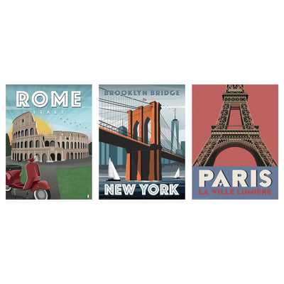 Tre reseaffischer: Rom, New York, Paris; färgglada, illustrerade landmärken.