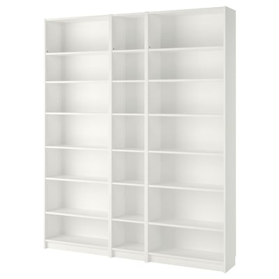 Vit BILLY-bokhylla, 3 sektioner, justerbara hyllor, minimalistisk design.