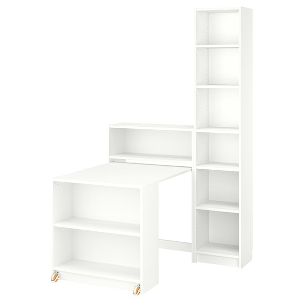 En vit BILLY bokhylla med ett hopfällbart bord. Den minimalistiska designen inkluderar öppna hyllor för förvaring och visning.