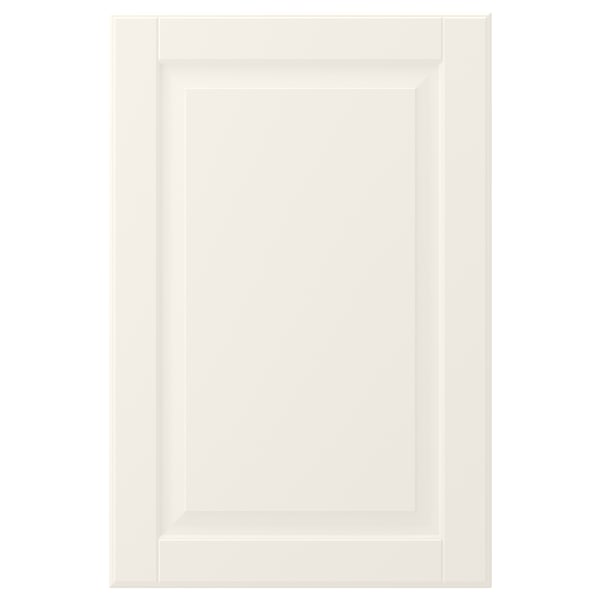 BODBYN benvit skåpdörr, klassisk rektangulär form med fasad paneldesign, tillverkad av träfiberplatta med lackerad finish.