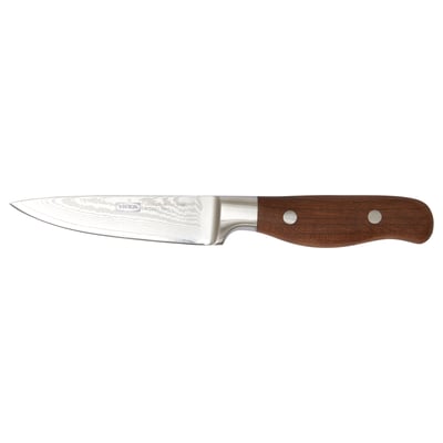 Brillera kniv med blad i damaskusstål och trähandtag, skickligt utformad för precision.