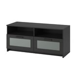 En ikea BRIMNES svart tv-bänk med två lådor och öppna hyllor.
