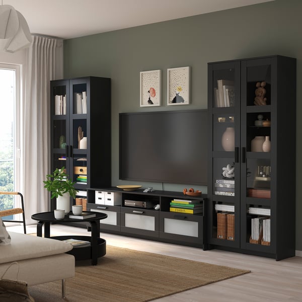 BRIMNES Tv-förvaring kombination/glasdörrar, svart, 340x41x190 cm