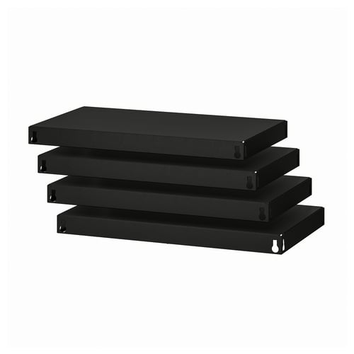 Svarta BROR-hyllor, stapel med fyra rektangulära metallhyllor, robust design.