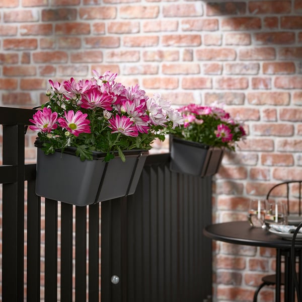 Två stora grå hängande krukor med rosa blommor mot en tegelvägg.