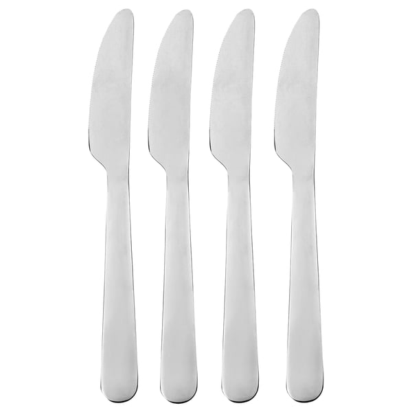 Fyra rostfria knivar i nätta rader, snygg design.