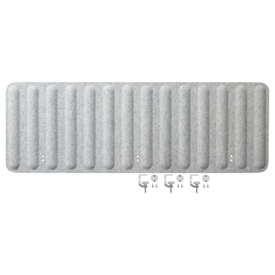 EILIF kontorsskärm i grått, designad med en räfflad struktur för brusreducering och avskildhet. Den innehåller fästen för enkel skrivbordsinstallation.