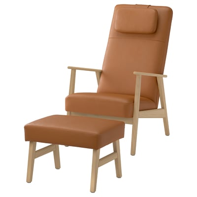 EKENÄSET Fåtölj med hög rygg och fotpall, ekmönstrad/Grann/Bomstad gyllenbrun