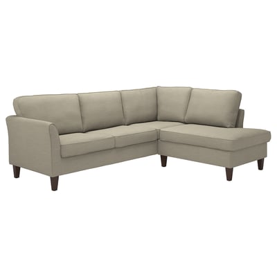 Modern l-formad EKHOLMA soffa i ljusgrå, stilren design med träben.