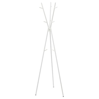 En EKRAR vit klädhängare med stativben och flera krokar. Den är elegant och modern, gjord av metall och aluminium.