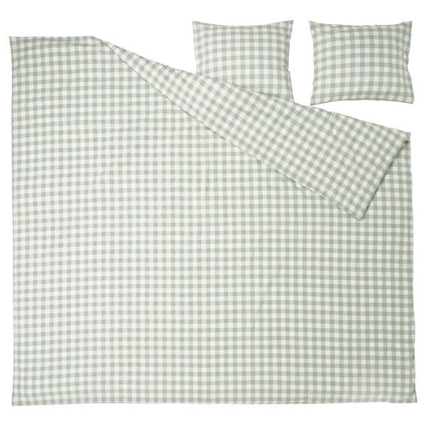 Ljusgrönt gingham-bäddset med vitrutigt mönster, tillverkat av 100 % ekologisk bomull.
