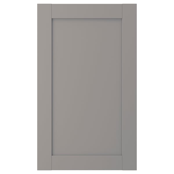 En grå skåpsdörr ENHET av träfiberskiva med foliefinish. Den har en elegant, rektangulär form med en enkel, platt design.