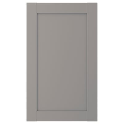 En grå skåpsdörr ENHET av träfiberskiva med foliefinish. Den har en elegant, rektangulär form med en enkel, platt design.