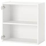Ett vitt väggskåp ENHET. Det är en enhet med två hyllor med en elegant design, perfekt för köksförvaring.