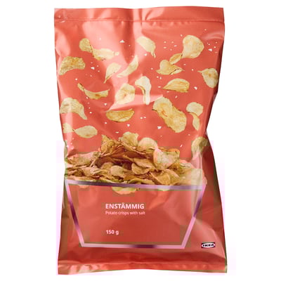 Ett rött paket med ikeas ENSTÄMMIG potatischips. Visar chips, vikt 150g.