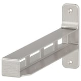 Ett hyllstödsfäste i förnicklad aluminium med en elegant, kompakt design. Den har hål för väggmontering och slitsar för sammanfogning av hyllor.