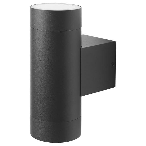Svart vägglampa, modern cylindrisk form, två ljuskällor, utomhusbruk.